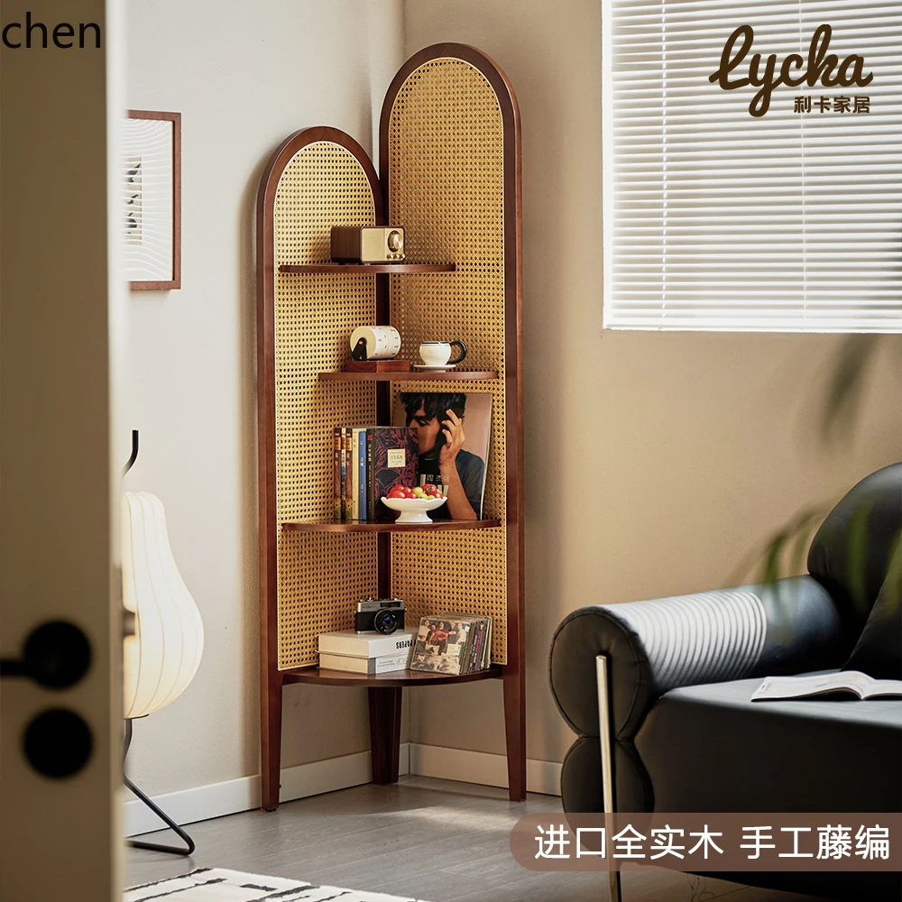 Rattan Corner Bookshelf Vintage Wall-Mounted Triangle Corner Storage Rack Solid Wood Bedside Shelf Corner Cabinet