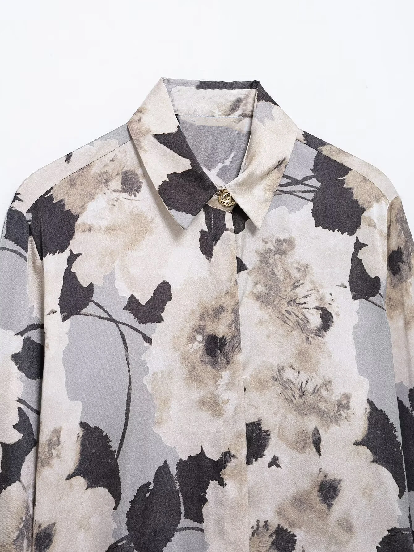 라펠 긴팔 새틴 질감 프린트 셔츠, 하이웨이스트 스트레이트 미디 스커트, 2025 RARA 용수철 신상 여성복