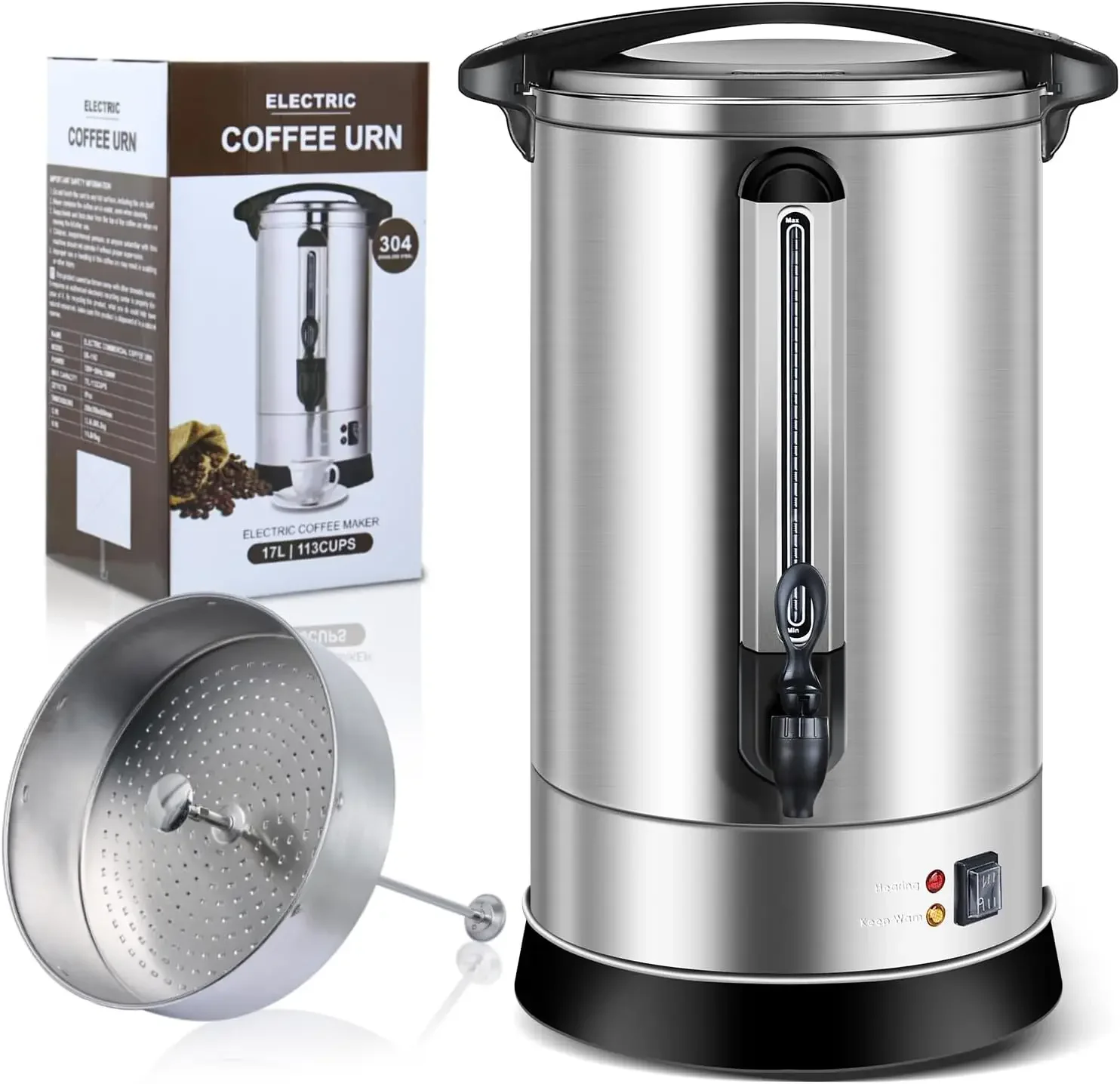 Coffee Urn 100Cups Large Coffee Dispenser 14.2L Full Stainless Steel Commercial Coffee Maker Double Wall Quick Brew Electric Bev