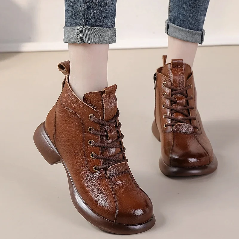 Winter Women Ankle Boots Large Size Dropshipping Non-slip Female Snow Boots Genuine Leather Retro Youth Warm Thick Sole Shoes