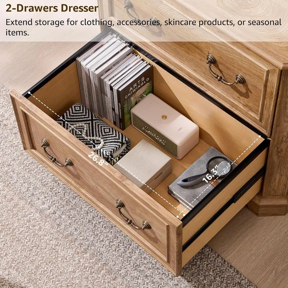 خزانة ملفات خشبية كبيرة ذات درجين مع قضبان انزلاقية ناعمة، حجم حرف/قانوني، لمسة نهائية من خشب البلوط العقدي