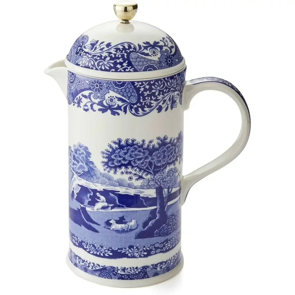 

28-Ounce French Press Coffee and Tea Maker with Porcelain Cafetiere and Stainless Steel Plunger - Dishwasher Safe (Blue/White)