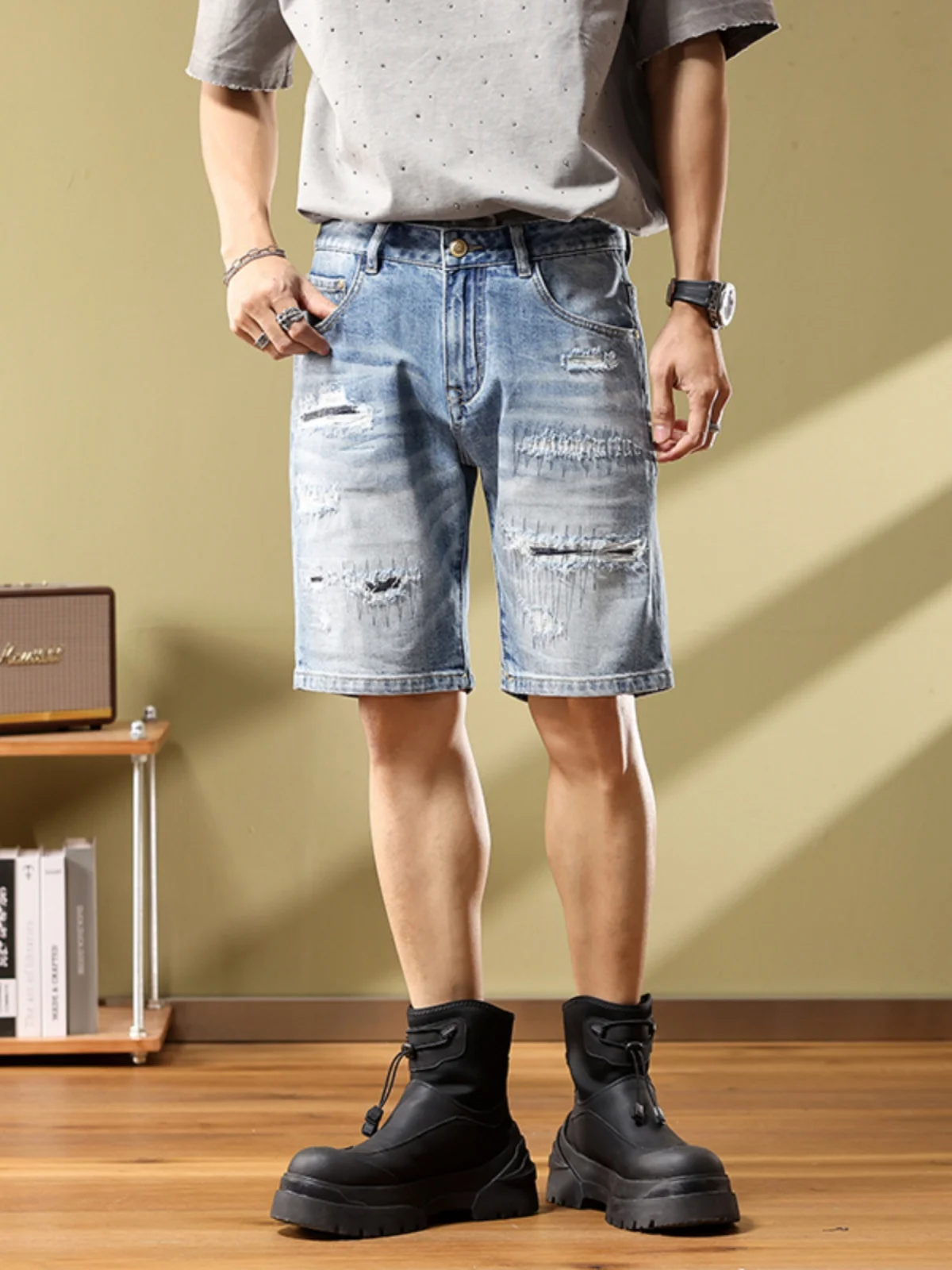 

Мужские джинсовые шорты Heavy-Waed Slim Fit с пэчворком, рваные, прямого кроя, из хлопка со стрейчем, для повседневной носки, летние джинсы