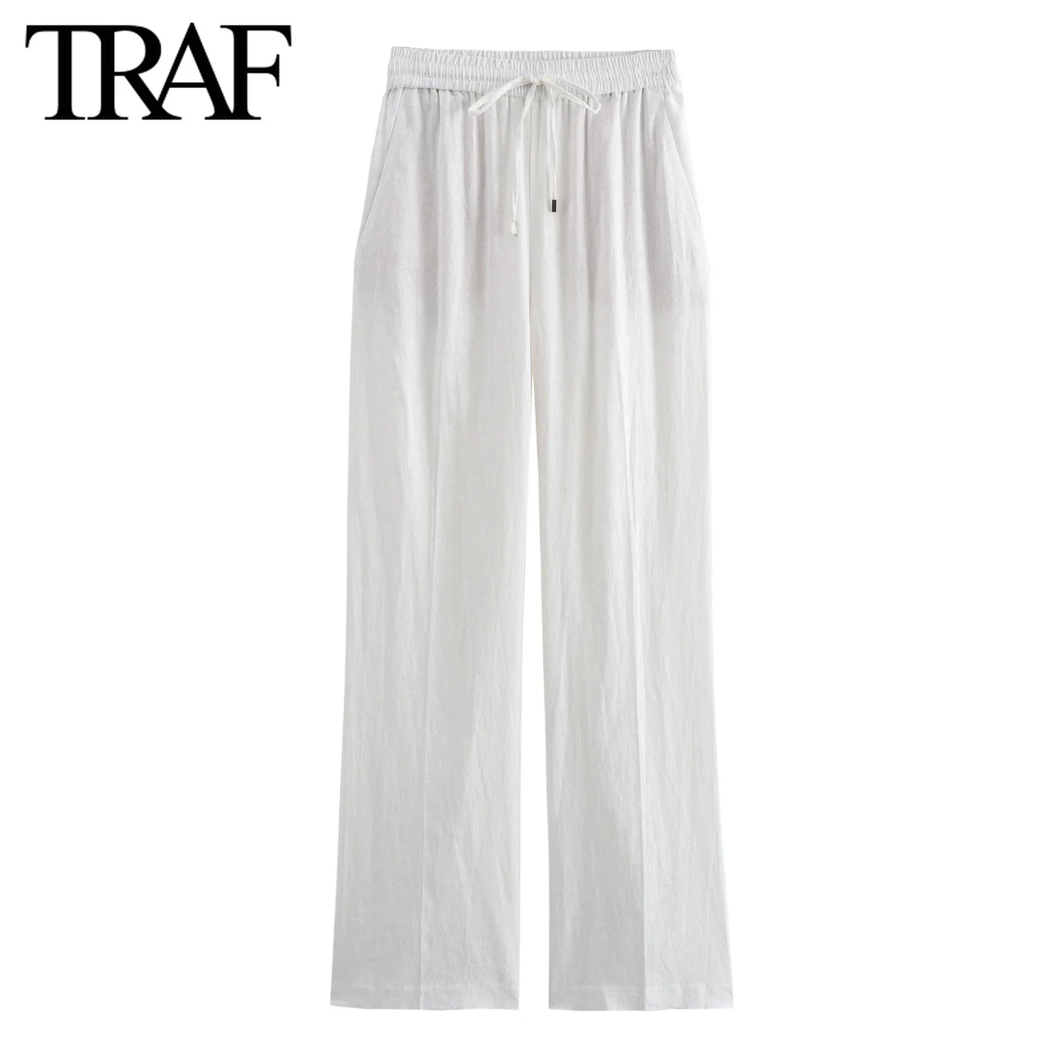 TRAF Women Fashion Spring Summer Lace-up Linen Blended Straight Pants Pocket Office Lady Chic High Waist Trousers Mujer