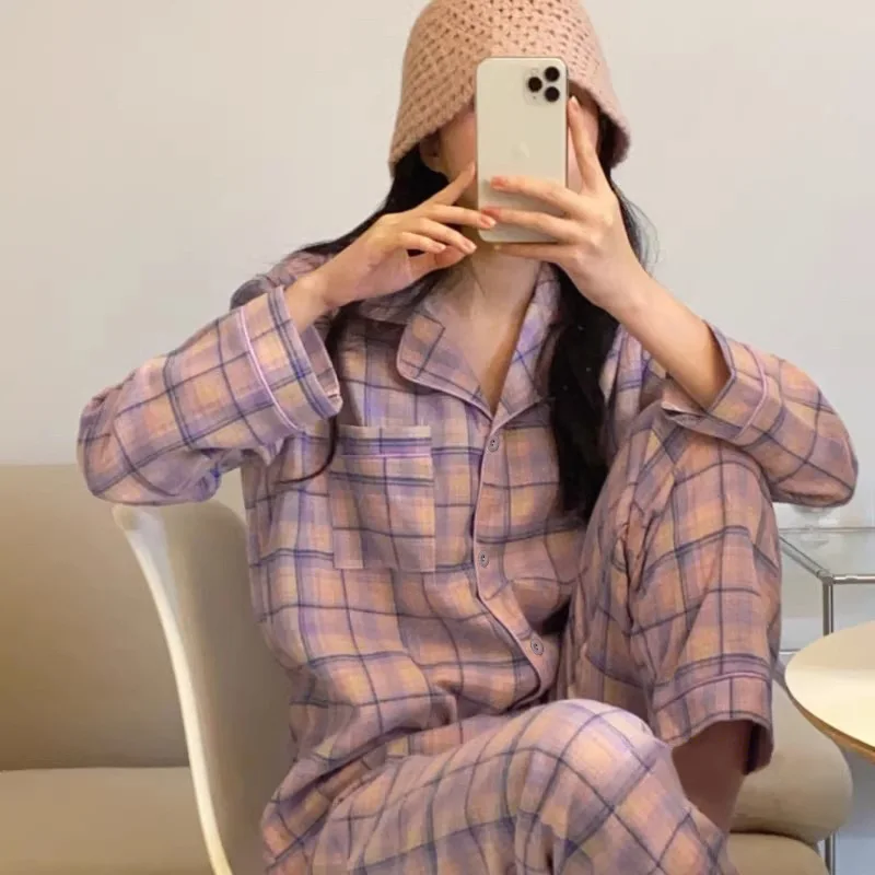 

Pjs Set Purple Grid Women's Pajama Set Women's Warm Winter Pajamas Fashionable Home Clothes, Pajamas Cute and Soft Pajama Set