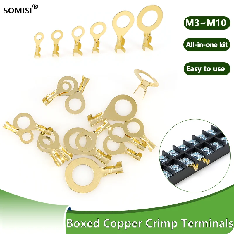 150~540pcs Boxed Terminal Block Connector M3/M4/M5/M6/M8/M10 O-type Ground Lugs Terminal Cold-Pressed Copper Tab Wiring Nose
