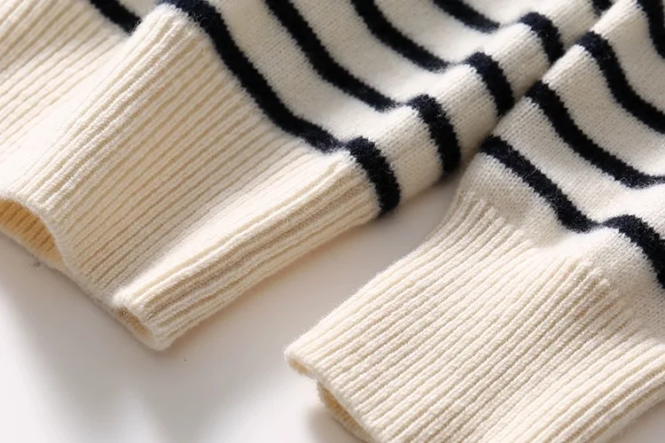 French crew-neck sweater Women's half-open neck breasted horizontal striped long sleeve pullover cashmere sweater loose knit top