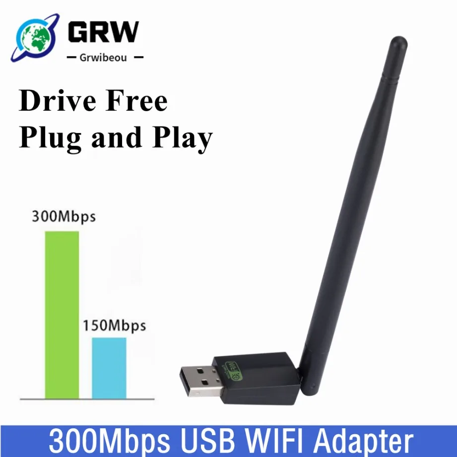 Grwipeou-Adaptador WiFi Sem Fio, 300Mbps, Placa de Rede, Jogar e Jogar, Mini USB, LAN, Receptor para PC, Windows