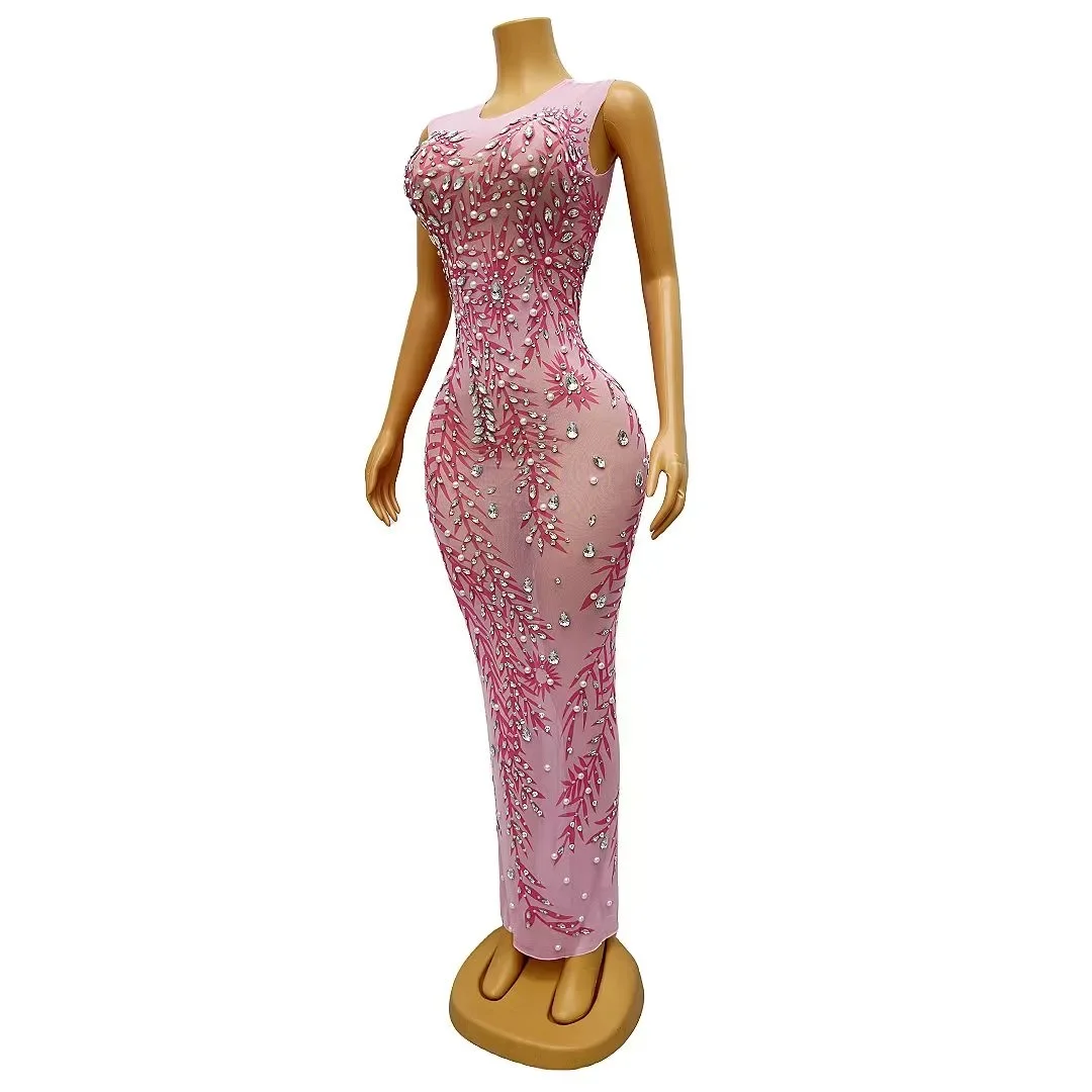 Sexy stretch outfit dans podium verjaardag vieren kostuum feestkleding zilveren strass kristallen mouwloze roze jurk