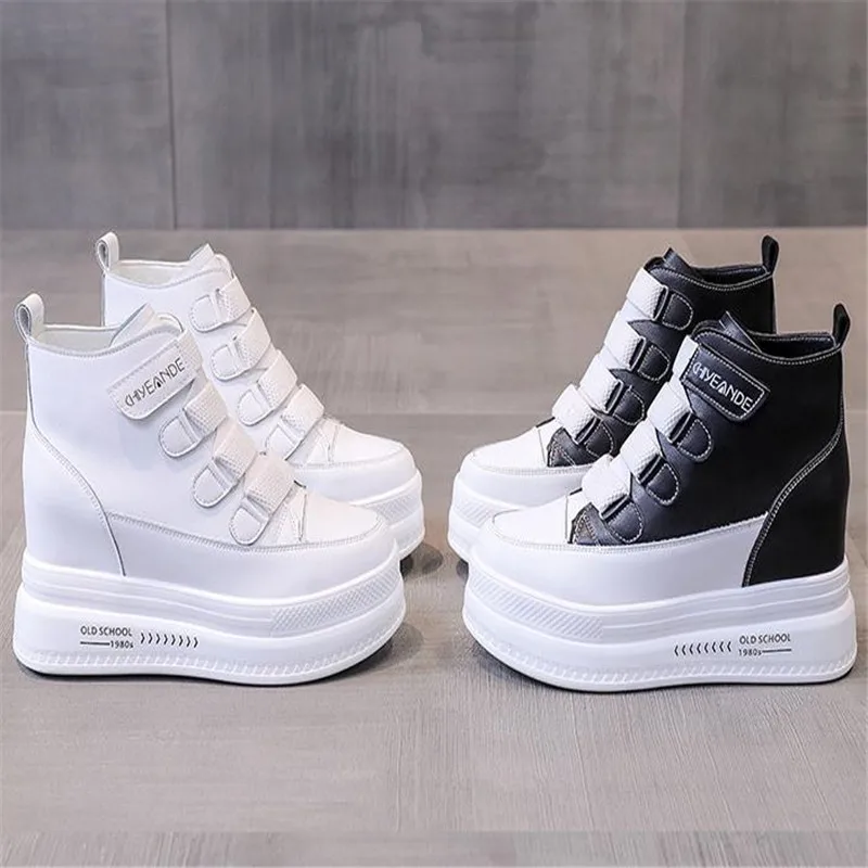 Autumn High Platform Sneakers 8CM High Heels Women Thick Sole Ankle Boots Leather Wedge Winter Casual Shoes Boots