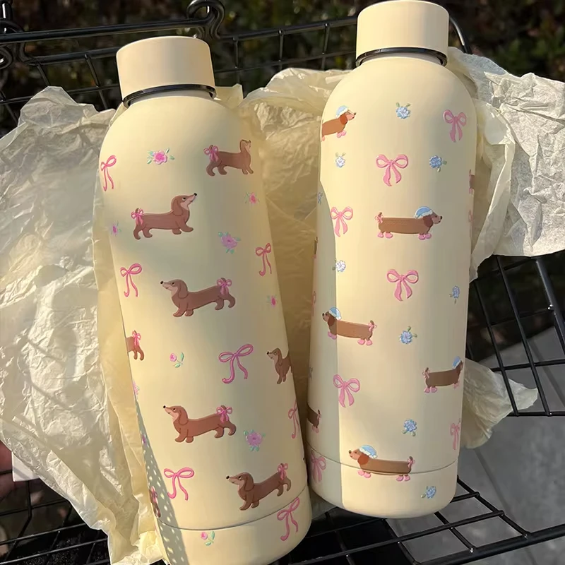 Kawaii Welpen Kaffeebecher Edelstahl Thermosflasche Tasse Niedliche koreanische Reise Isolierflasche Thermo-Wasserflasche 500 ml
