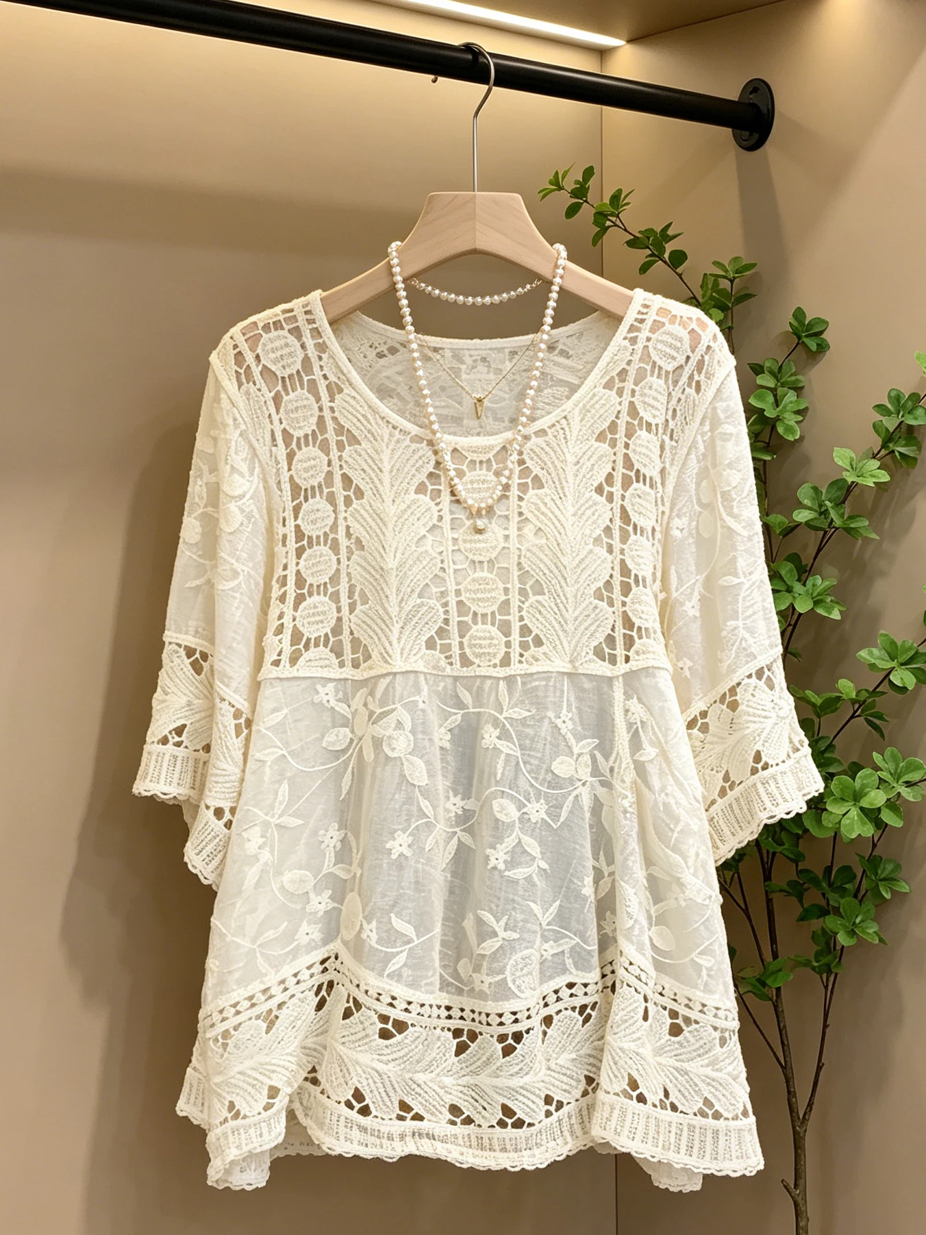 

Bohemian Large Size Hook Flower Hollow Short Sleeve Women's Top Mid-Length Outerwear Summer New Style Commute Style Shirt