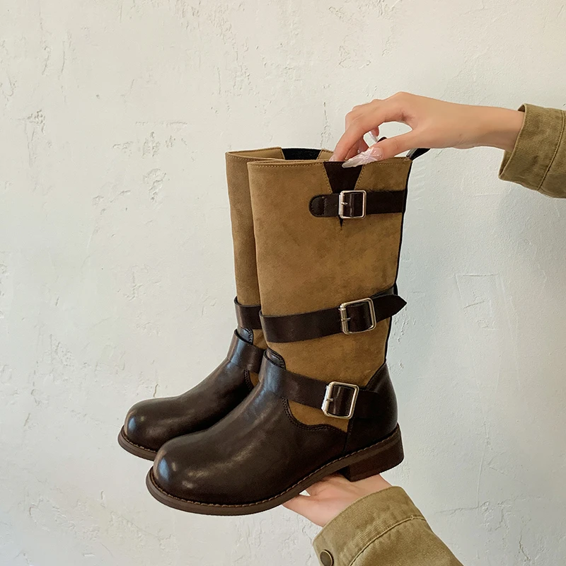 Niche Belt Buckle Knight Boots for Women 2026 Spring and Summer New Retro Versatile Folding Pleated Block Heel Shoes