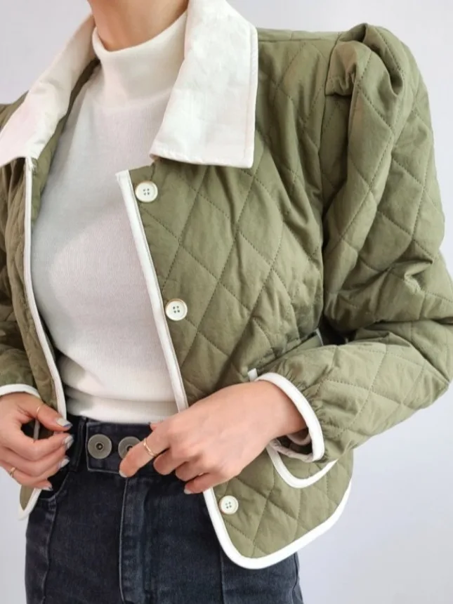 Faionable ort Cotton Jaet Damen Chic Small Collar Bubble Sve Color Blo Oberbekleidung Pendeln Sle Single Button