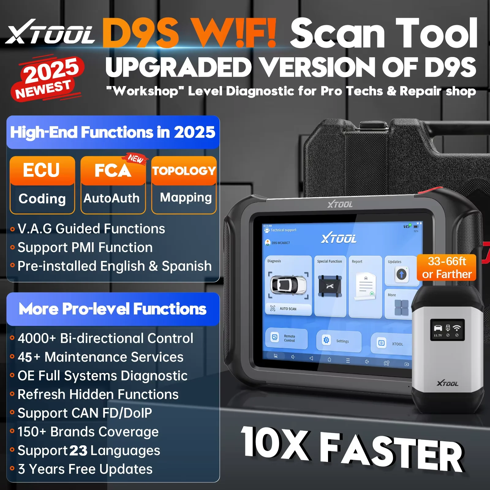 Picture 3: XTOOL D9S Automotive Diagnostic Tools For BMW Fault Guided Gulded Function ECU Coding Key Programming 45+ Reset FCA DoIP OBD2 Bi-Directlonal Control Scanner Upgrade of XTOOL D9 3 Years Free Update