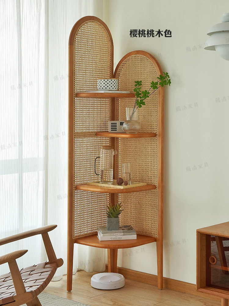 Solid wood rattan weaving shelves, corner bookshelf walls, corner terraces, living rooms, bedrooms, triangle storage