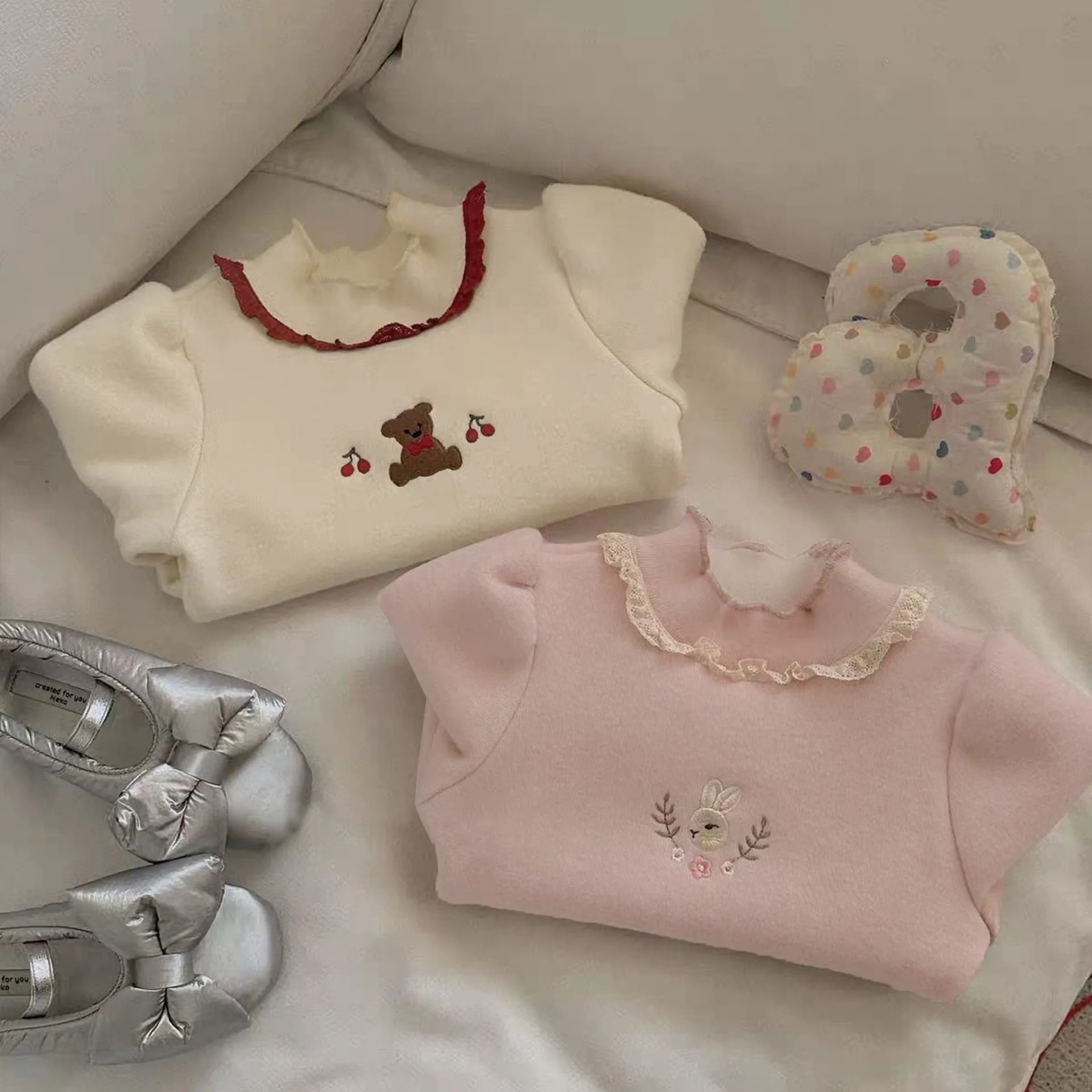 Herbst-Winter-Baby-Spitzen-Fleece-Unterhemd, Mädchen-Oberteil mit Stickerei, warm, langärmelig, weich, dehnbar, Freizeit-Sportbekleidung für Kinder – Detail 14