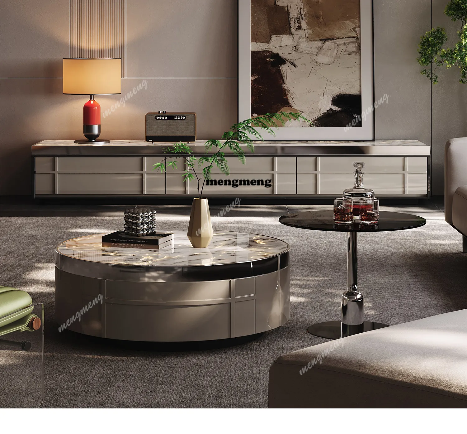 

High-grade snowflake jade luxury stone TV cabinet Italian minimalist high-end living room storage cabinet villa home