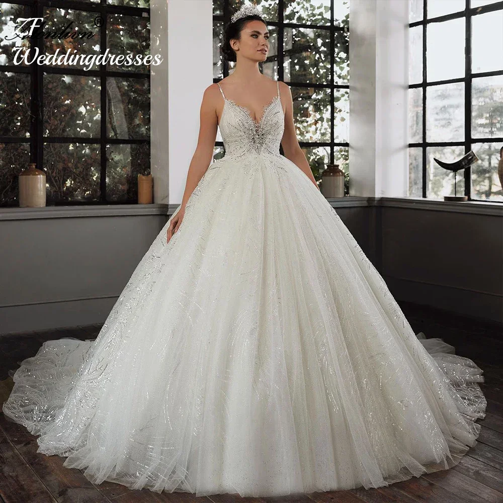 Customize Sparkle Beading Crystals Lace Ball Gown Wedding Dresses Spaghetti Straps Sweetheart For Brides vestidos de novia