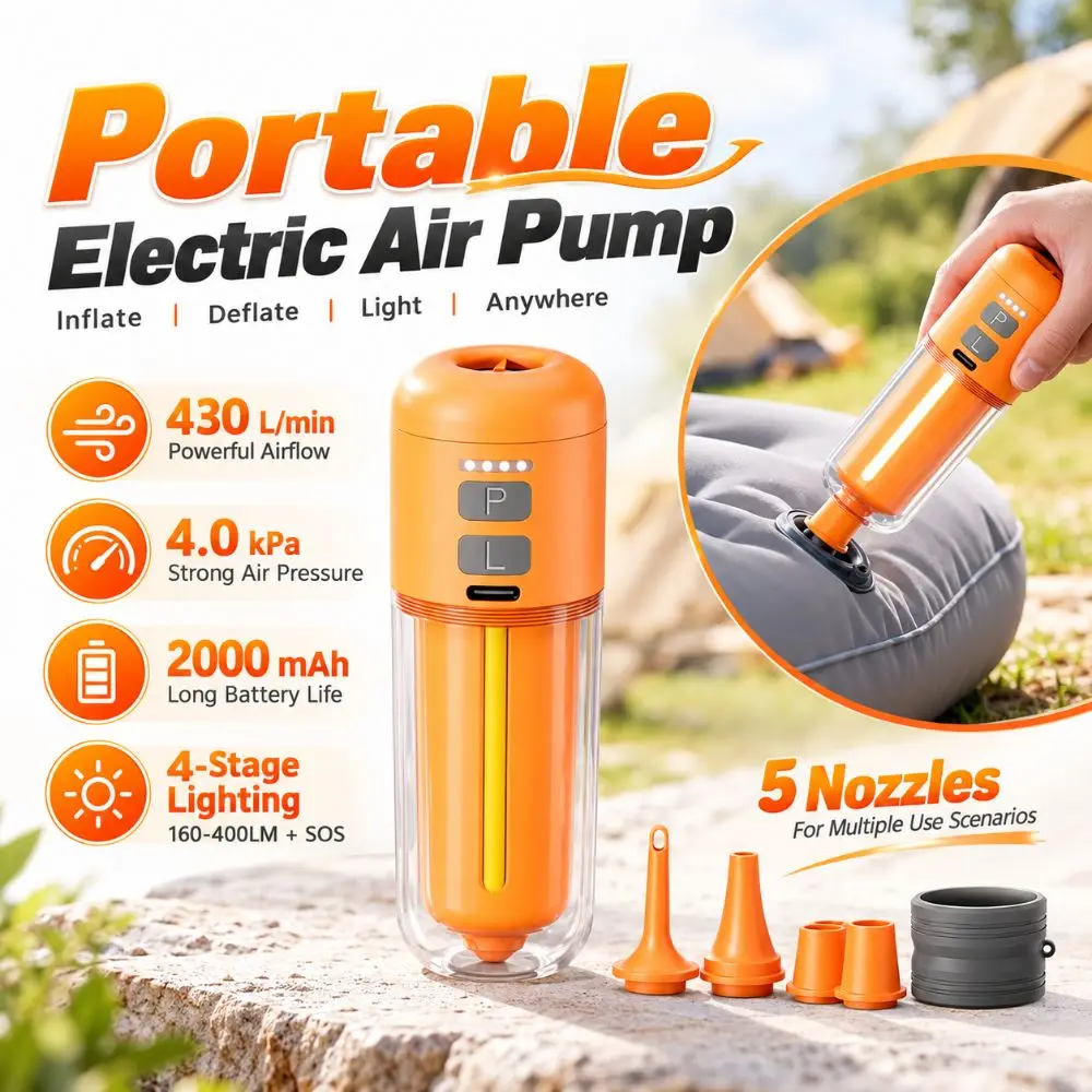 Wireless Electric Air Pump Lightweight With LED Light Portable Air Pump Multifunctional 3 Nozzles Rechargeable Air Pump