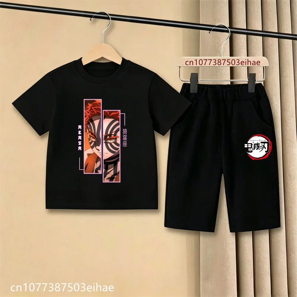 School Kids Demon Slayer Manga Cartoon T-Shirt Casual Shorts Ghost Blade Pattern Summer Loose Soft Daily Wear Two Piece Clothes