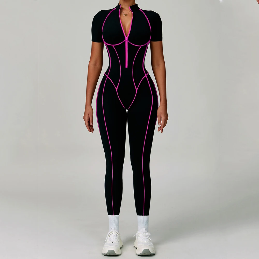 

Gym Set Women Yoga Zipper Jumpsuits Hollow Out Short Sleeve Bodysuits Rompers Backless Rompers Color blocking Workout Tracksuits