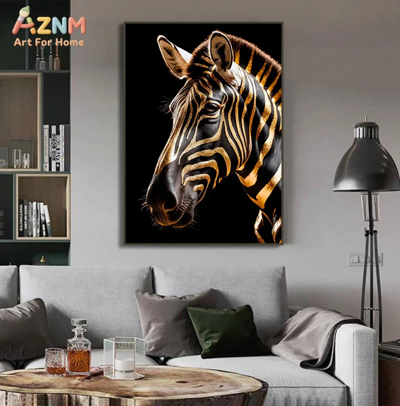 AZNM Black Gold Wild Animal Canvas Wall Art Zebra Tiger Elephant Wolf Eagle Lion Metallic Portrait Print Unframed Canvas Paintin
