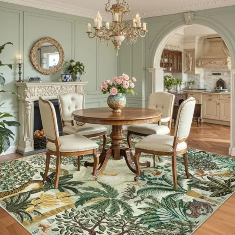 

4x6 Washable Area Rug for Living Room Jungle Animal Soft Bedroom Rug Non Slip Low Pile Small Carpet Stain Resistant Green Throw