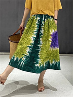 Women Flowers 100% Cotton Skirt High Waist Holiday Style Pleated Midi Jupe for Female Summer