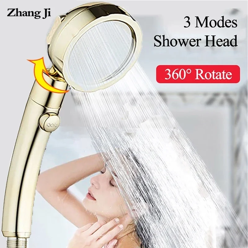 Zhangji 360 Degree Rotating Retro Golden Shower High Pressure 3 Modes with Stop Button Water Saving ABS Plastic Shower Head