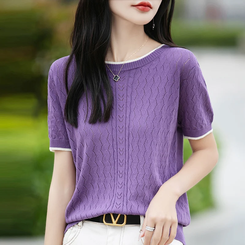 

Women's T-shirt Summer New Worsted Knitted Sweater Short Sleeve Casual Hollow Ladies Clothes Round Neck Splicing Tops Loose Tees