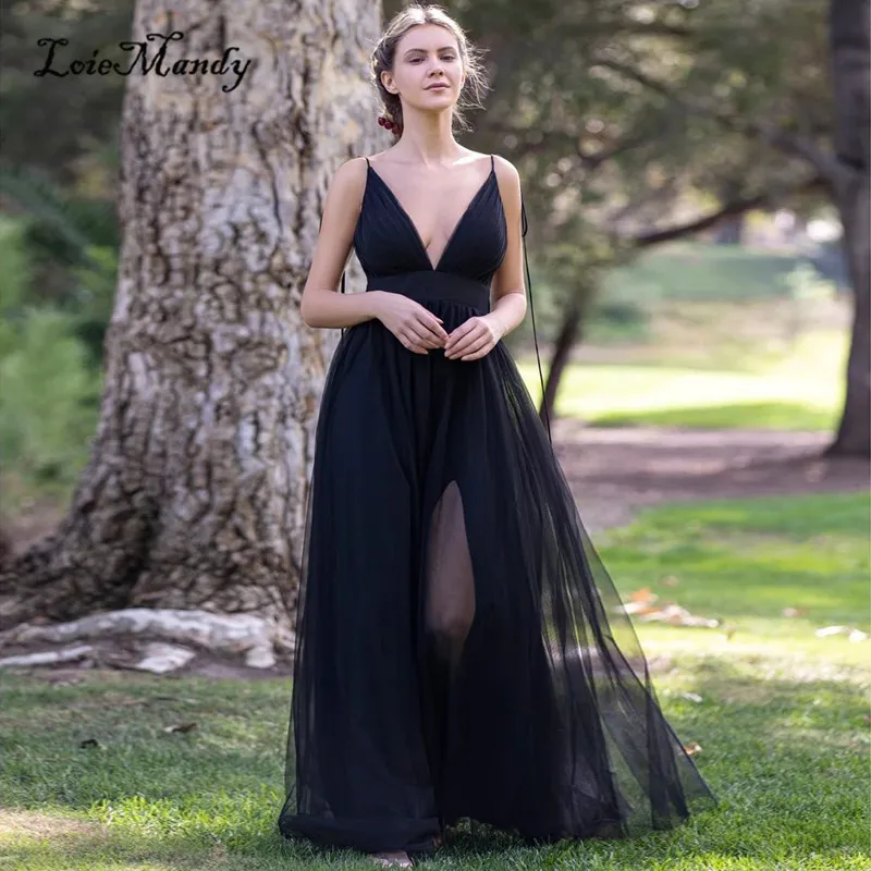 Vestido de noche largo negro con cuello en V profundo para mujer, vestido de desfile con tirantes finos, abertura alta, 2024