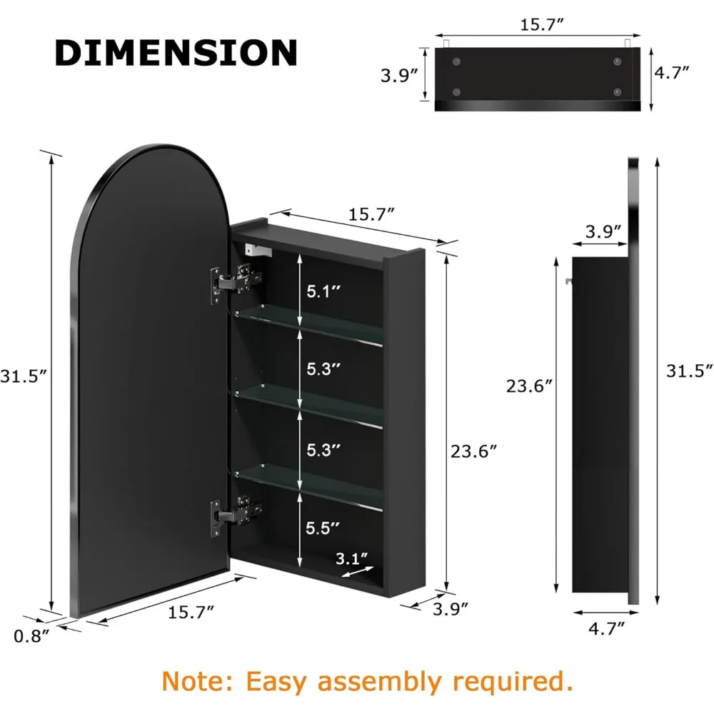 Arched Medicine Cabinets with Mirror Black, Metal Framed Medicine Cabinet Wall Mounted, Bathroom Mirrored Cabinet with Storage,