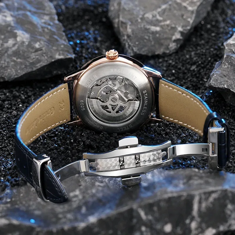 Tourbillon da uomo con cassa di diamanti orologio in pelle orologio meccanico automatico orologio sportivo Casual impermeabile Glow in The Dark Man