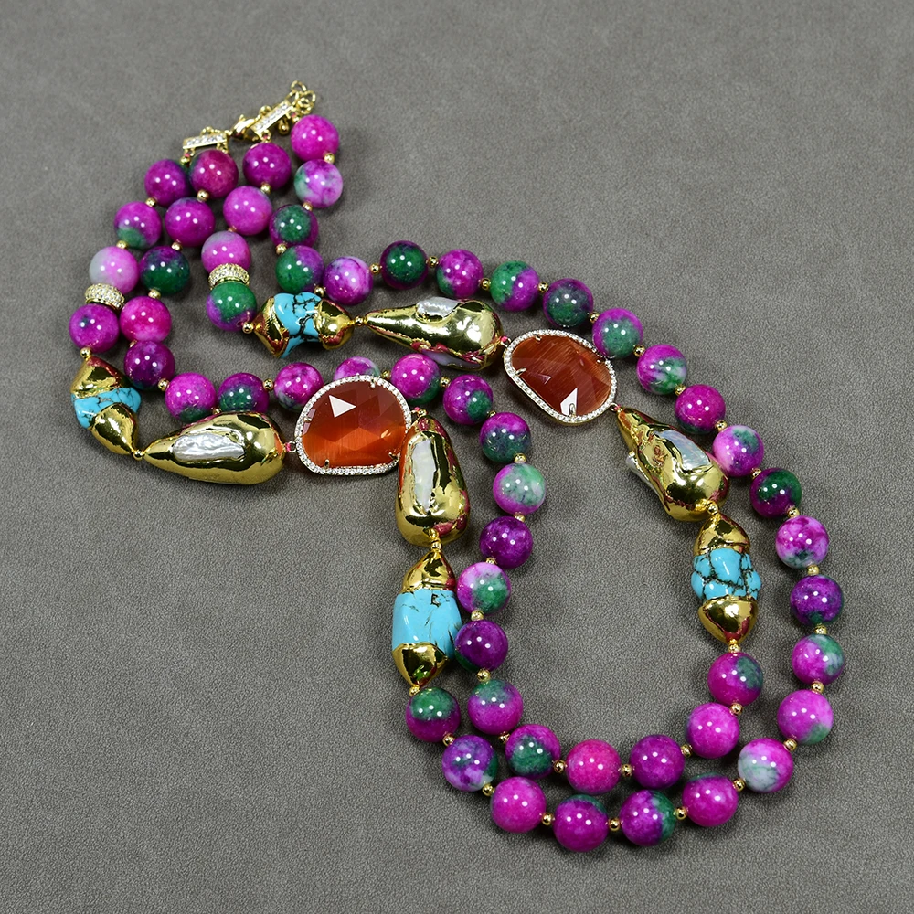 GG 2 Rows Mix Color Green Fuchsia Jade Cultured White Biwa Pearl CZ Paved Cat eye Crystal Turquoise Necklace