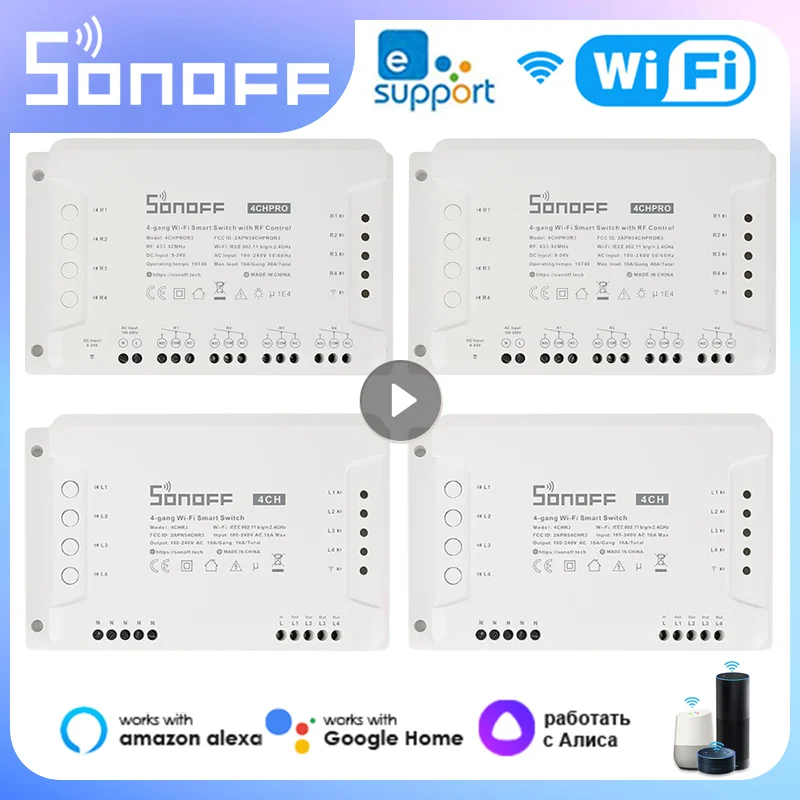 

Смарт-переключатель Sonoff R3/ 4CH PRO R3, 4-канальный, Wi-Fi, блокировка, ввод сигнала, Радиоуправление, поддержка EWeLink Alexa Google Home Alice