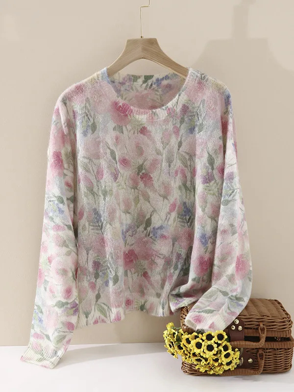 

Новый женский свитер из шерсти альпаки с длинным ворсом, круглым вырезом, принтом, свободного кроя, из мягкой нейлоновой смеси, весна-осень