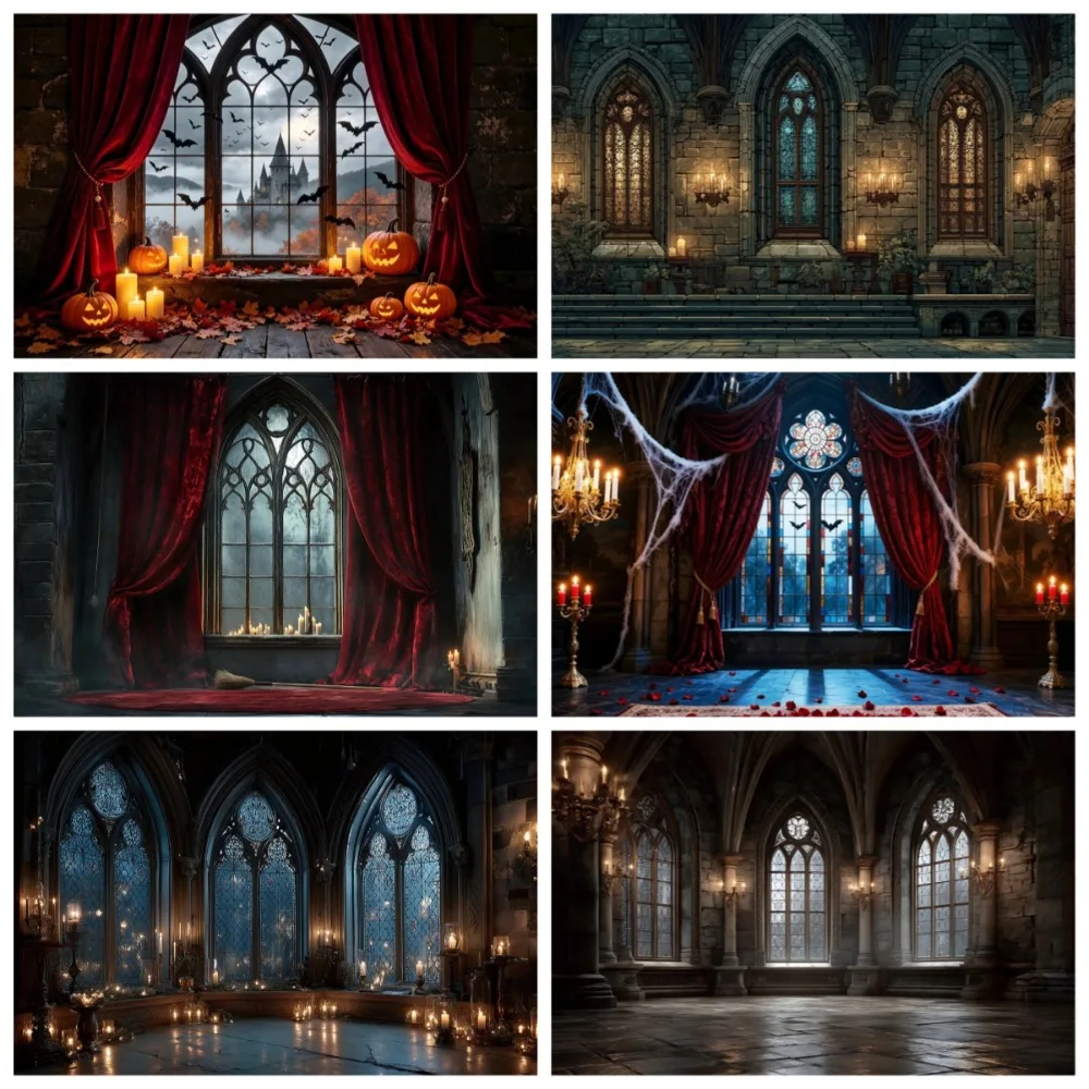 Halloween Blue Moon Night Medieval Gothic Bookshelf Theme Banner Background, Family Party Decoration Photography Backdrop Cloth