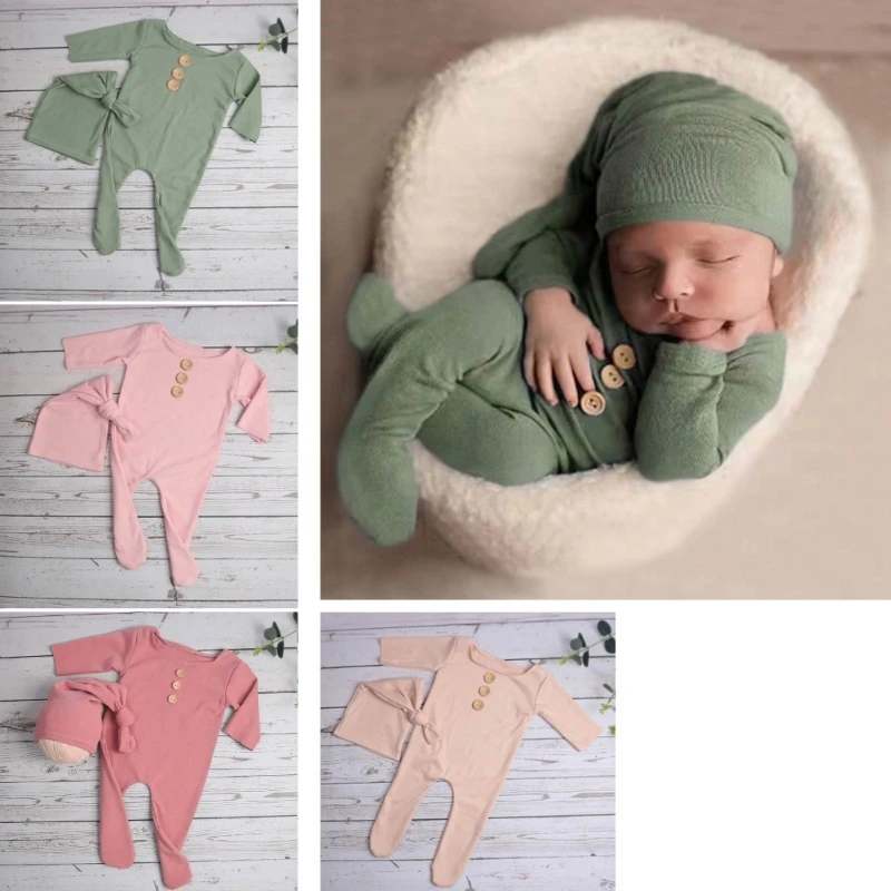 RIRI 2 stks/set Pasgeboren Baby Romper Jumpsuit met Geknoopte Hoed Knoppen Kleur Baby Overall Foto Prop Outfits