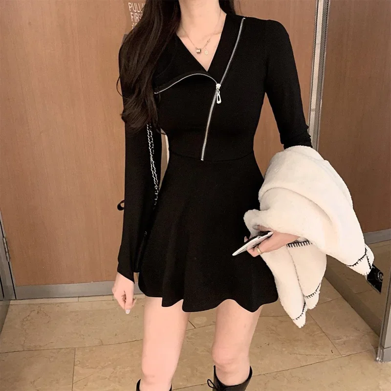 

Spring and Autumn Fashion Design Feel Sweet and Spicy Irregular Zipper Collar Slim Fit Solid Color Women's A-line Dress XT1420