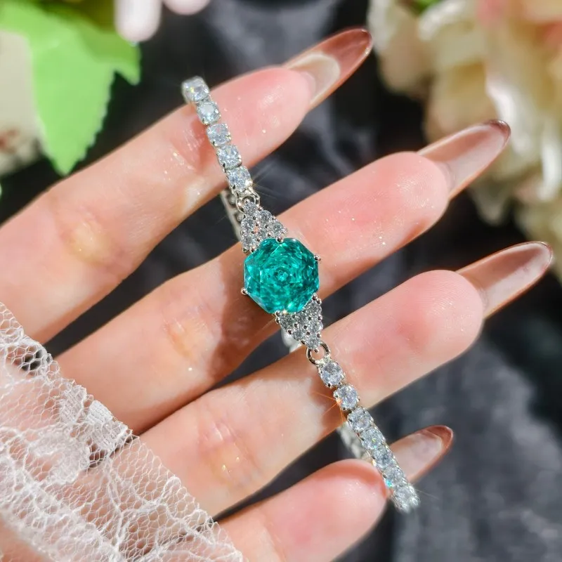 French millennium rose-cut Paragreen zircon 925 sterling silver necklace pendant, lady's engagement ring, earrings and bracelet