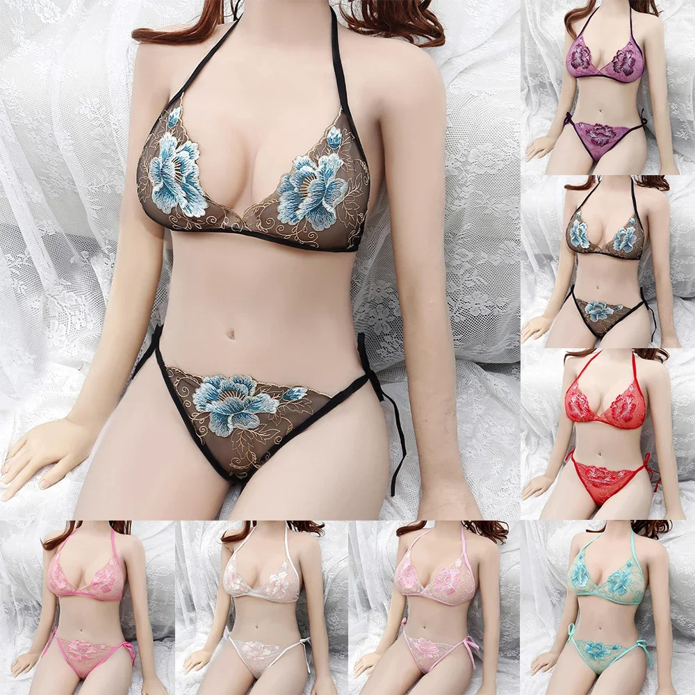 Costume da bagno da donna Fiori di pizzo Reggiseno push up Set bikini Vedi attraverso Perizoma perizoma Set di biancheria intima a vita bassa Mutandine