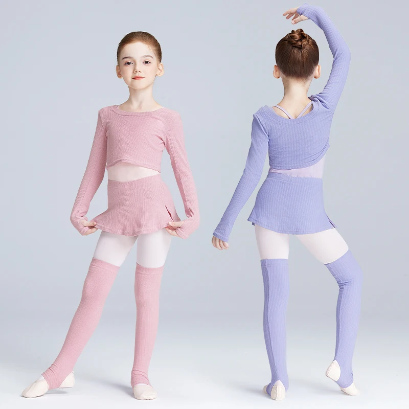 Girls Round Neck Knitted Shawl Ballet Dance Suit Kids Toddler Autumn Winter Ballet Training Top Culotte Socks 3 Piece Split Set