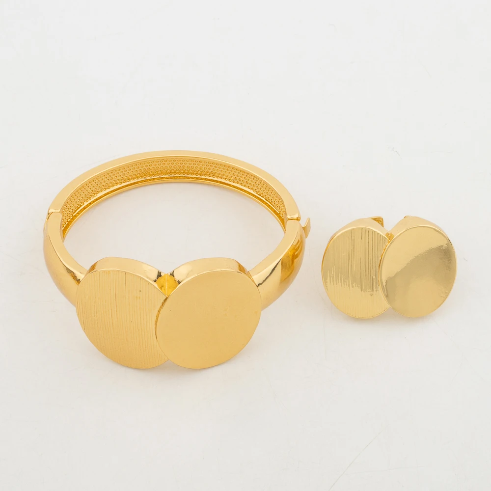 Trend Gold Color Jewelry Set for Women Weddings Engagement Clip Earrings and Bangle Ring 3Pcs Set Elegant Bridal Jewellery Gifts