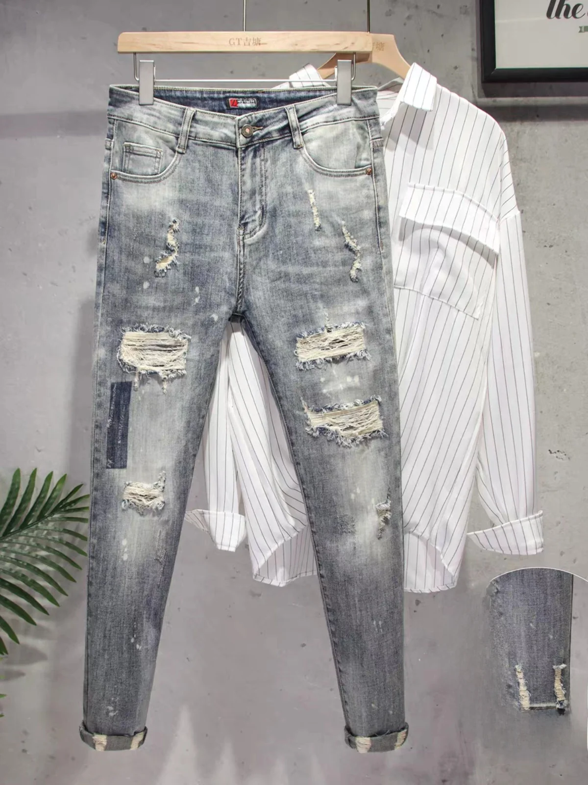 

Мужские джинсы Slim Fit, летние, тонкие, с высокой эластичностью, с перфорацией, модные, брендовые, из хлопкового стрейч-денима, длинные брюки, молодежные, повседневные