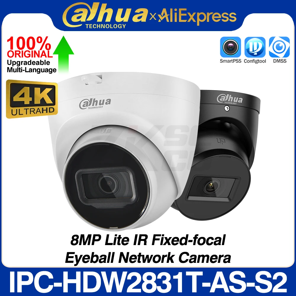 Dahua Original IPC-HDW2831T-AS-S2 8MP 4K Lite Eyeball Network IP Camera Intrusion Tripwire IR 30M built-in MIC SD Slot POE IP67