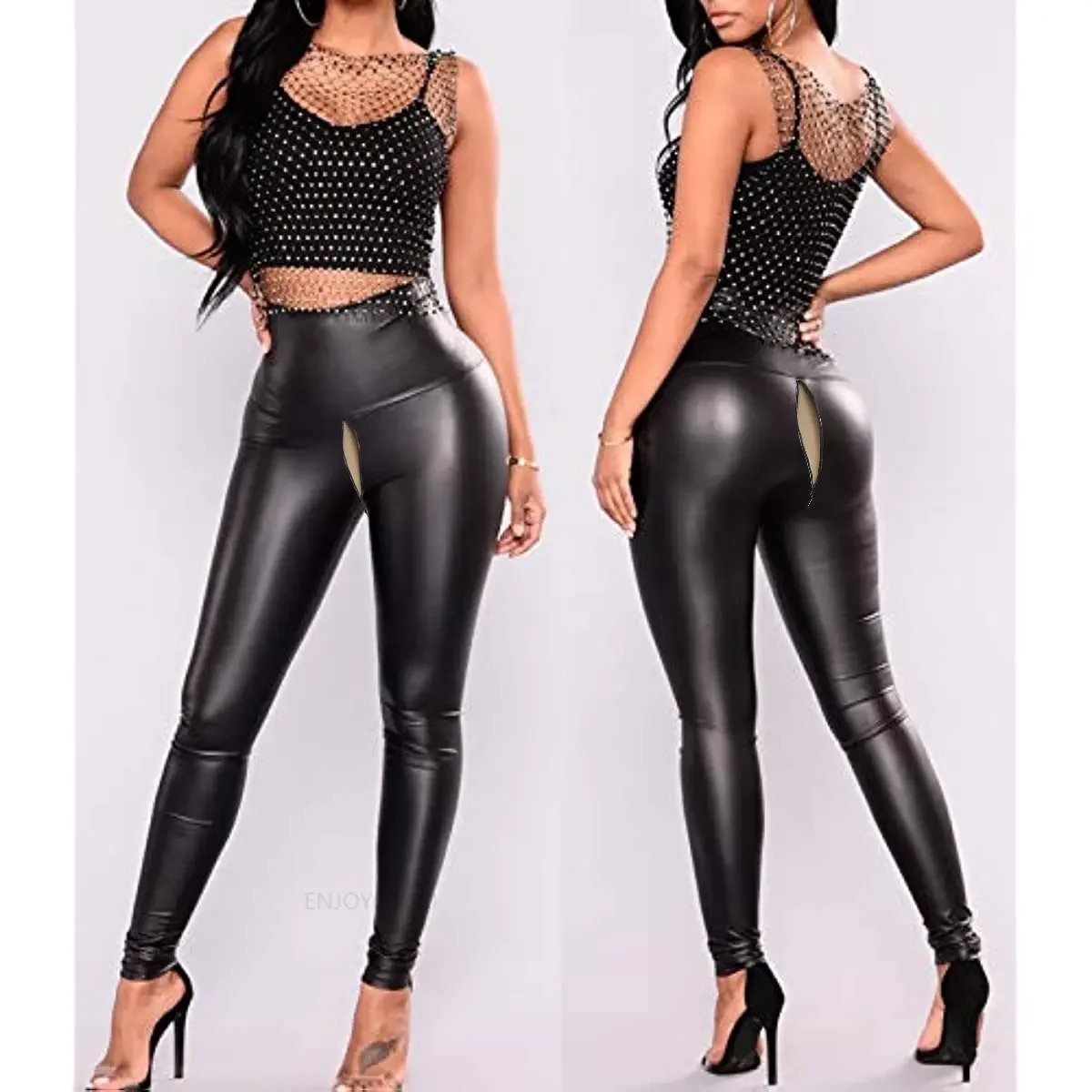 

High Waist Faux Leather Pants Women Open Crotch Outdoor Sex Peach Rump Push Up Leggings PU Butt Lift Sexy Sport Yoga Trousers