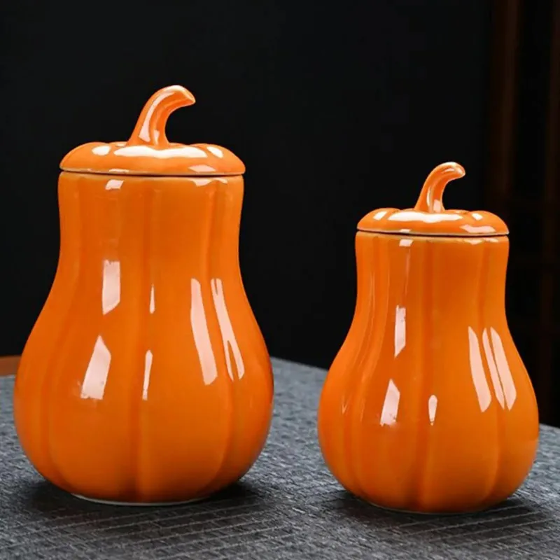 Sealing Storage Canister Ceramic Pumpkin Jar with Lid Dried Fruits Loose Tea Homeowners Collectors Kitchen Festival Decorations