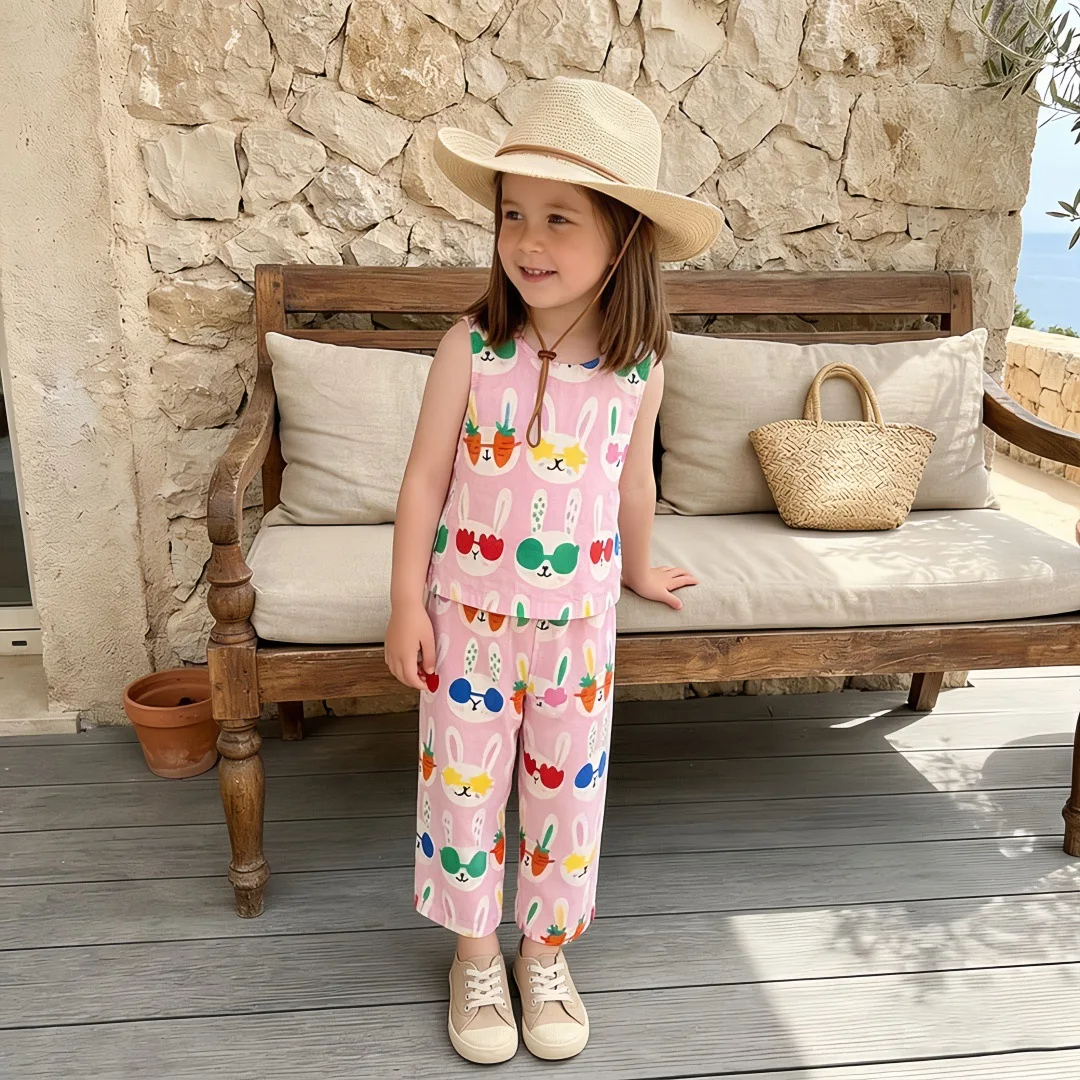 26 Summer Girls' Casual Two-Piece Set Tank Top Cute Rabbit Patterned Tunic and Mosquito Repellent Pants Set for Children
