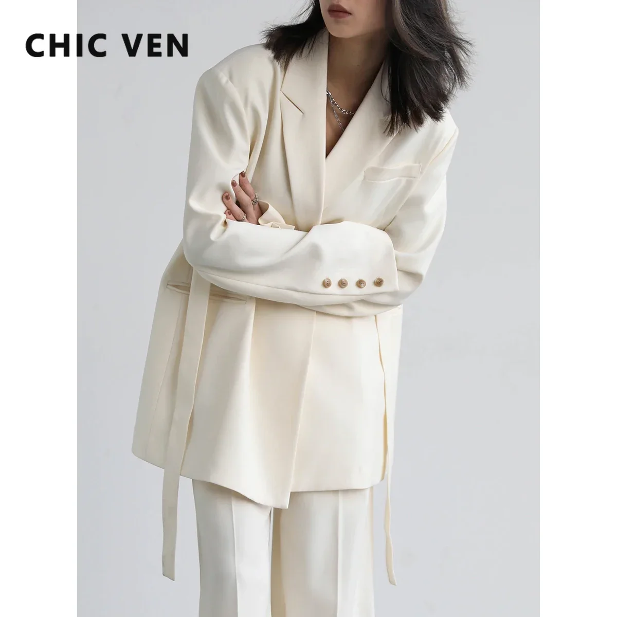 CHIC VEN Women Blazer Design Wide Shoulder Ribbon Solid Women\'s Medium Long Coat Office Lady Female Overcoat Spring Autumn 2022